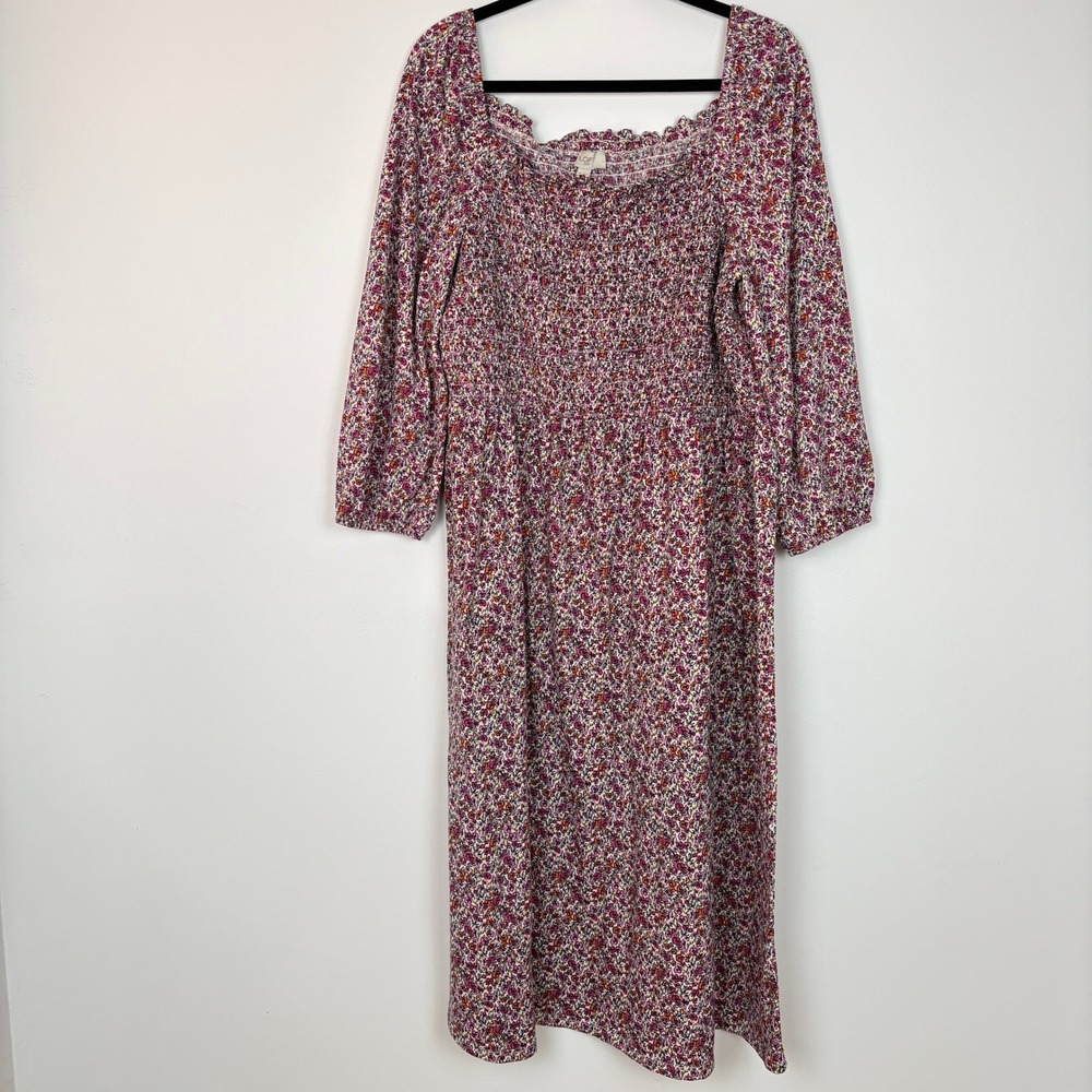 Loft Outlet Women Floral Smocked Square Neck Midi Dress XL Pink Cottage Peasant